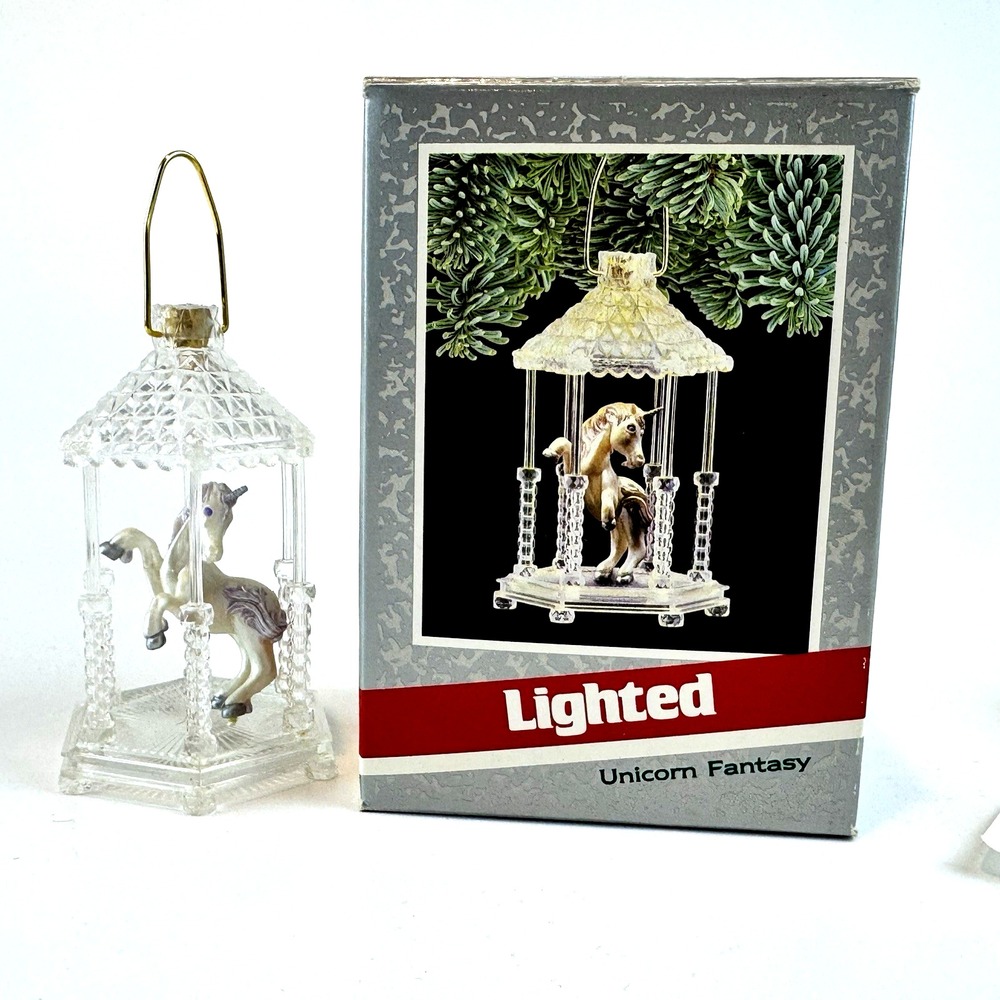 Hallmark 1989 Lighted Unicorn Fantasy Ornament‎ Carousel Gazebo QLX7235U w/ Box